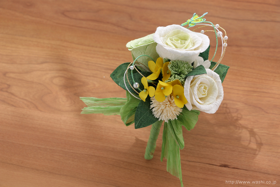 菜の花の和紙ウェディングブーケ（ブートニア）結婚式用