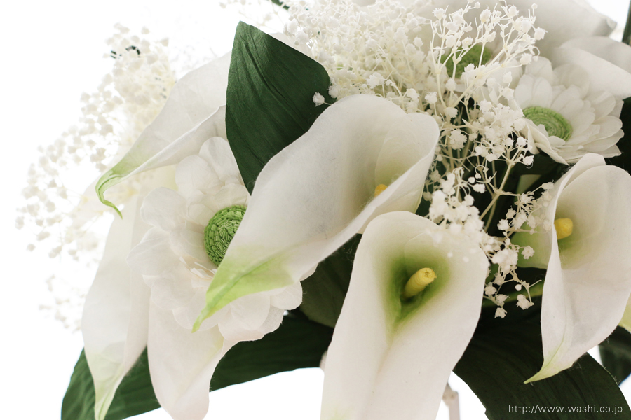 結婚記念日ペーパーフラワー｜白いカラーとガーベラの和紙製ブーケ・花束（カラーアップ）