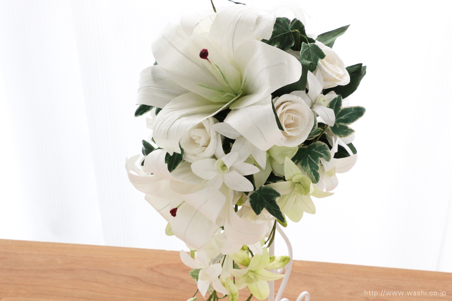 紙婚式・結婚記念日ペーパーフラワー｜カサブランカとデンファレの和紙製ブーケ・花束（お花アップ）