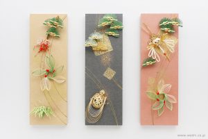 水引の花飾りが印象的な結納品リメイクアートパネル3種